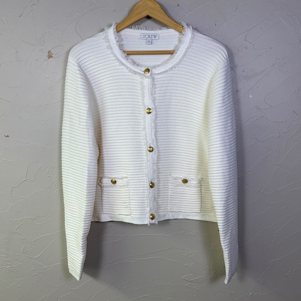 J Crew Cardigan Sweater Womens XL White Ribbed Lady Jacket Gold Button Preppy